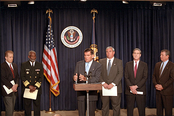Tom Ridge holds a press conference in the Dwight D. Eisenhower Office Building